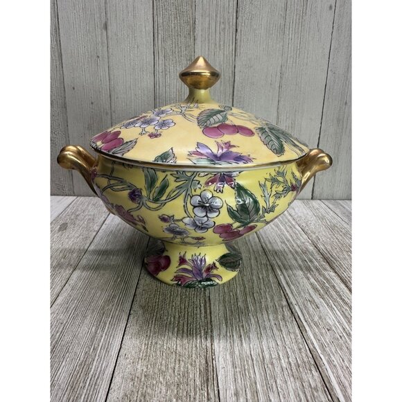 Vtg Chinese Gilding Lidded Trinket Dish 6" Red Stamp Floral Plum Gold Handles - Picture 4 of 11